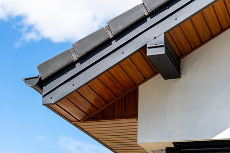 New house exterior architectural detail showing roof, soffit, fascia board, and gutter