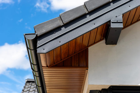 Close up showing a section of a dwelling roof, with roof tiles, gutter, and a neat soffit