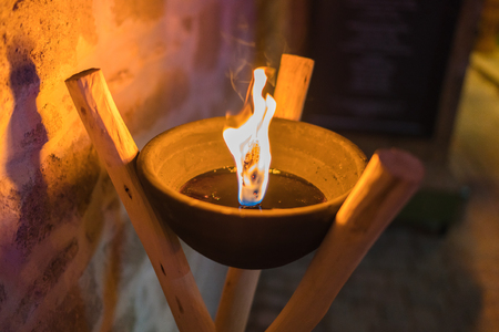 close up shot of flaming torch and fire.の写真素材