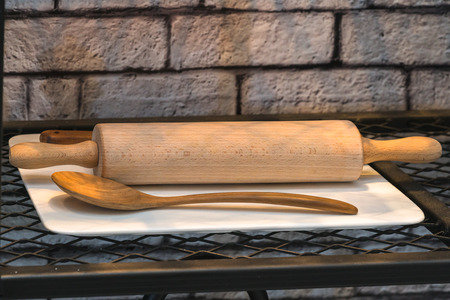 wooden roller on the shelfの写真素材