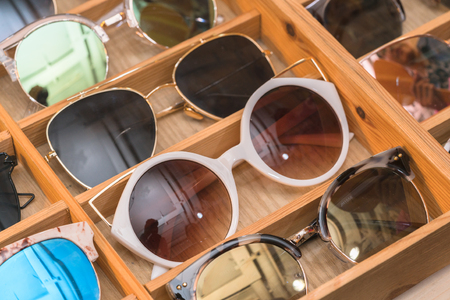 Many fashion glasses on the storeの写真素材