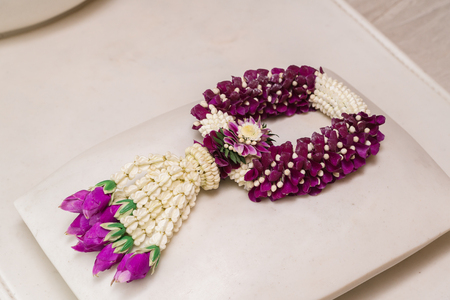 Jasmine garland, steering wheel of jasmine flower, symbol of Mother's day in thailandの写真素材