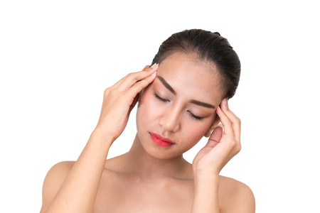 Woman having headache on white backgroundの写真素材