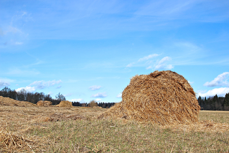 Haystacks on the farm in autumnの写真素材