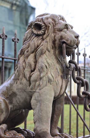 Statue of bronze lion along the fence in St. Petersburgの写真素材