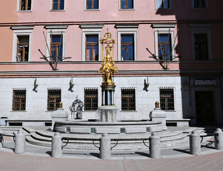 MOSCOW, RUSSIA - MAY 7, 2015: Sculpture Fountain gold Princess Turandot near Vakhtangov Theater in Moscowのeditorial素材