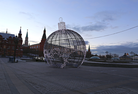 MOSCOW, RUSSIA - JANUARY 16, 2015: Large Christmas ball on a Moscow street with festive illumination on Manege Squareのeditorial素材