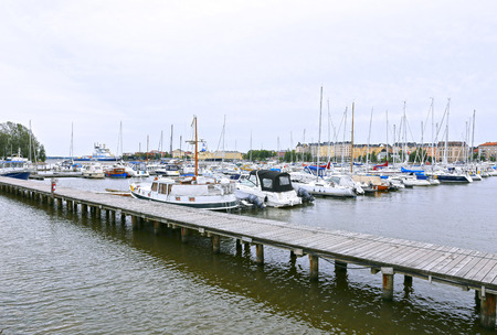 HELSINKI, FINLAND â JULY 6, 2015: Yachts and boats at the pier in the port of Helsinkiのeditorial素材