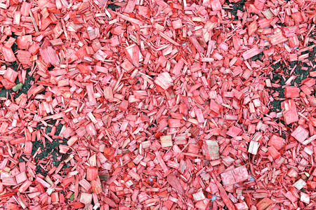 Background of painted red wood chips on the soil in the gardenの写真素材