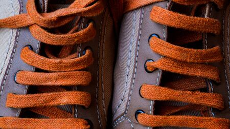 Sneakers close up. Shoelace of sport shoes macro.の写真素材