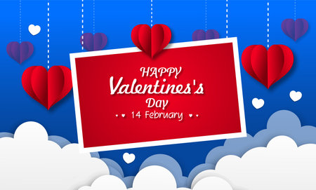 Happy Valentine's Day banner. Holiday background design with big heart made of pink, red and blue Origami Hearts on black fabric background. Horizontal poster, flyer, greeting card, header for websiteのイラスト素材