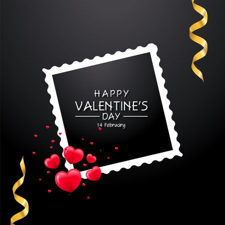 Happy Valentine's Day banner. Holiday background design with big heart made of pink, red and blue Origami Hearts on black fabric background. Horizontal poster, flyer, greeting card, header for websiteのイラスト素材