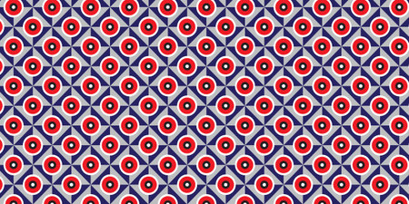 Seamless repeating pattern of circular motifs inside geometric frames.