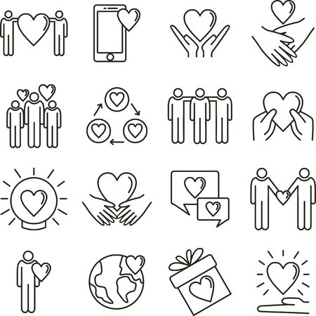 Friendship and love line icons set vector illustration. Contains such icon as handshake, hug, solidarity, team and more. Editable strokeのイラスト素材