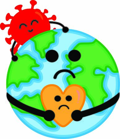The Crying World. Illustration of earth and heart shape with sad emotions. The earth's shoulder is affixed with a coronavirus with joyful emotions.のイラスト素材