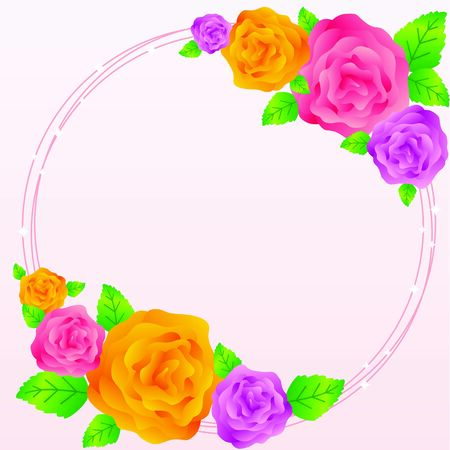 A flower frame with colorful floral decorations and various leaves, isolated in a color background. Flower frame for your businessのイラスト素材