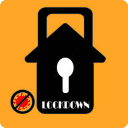Lockdown symbol. Illustration with key shaped house and stop corona virus symbolのイラスト素材