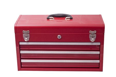 red metal tool box with three drawers and chrome latchesの写真素材
