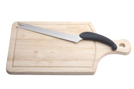 cutting board and bread knife isolated on white background