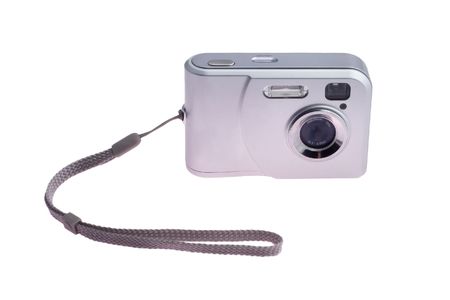 point and shoot digital camera with strap isolated on white