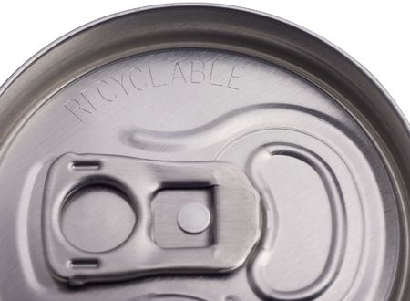 top of aluminum can with word recyclable etched in metal