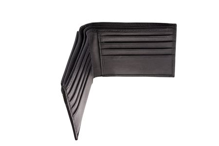open black leather wallet isolated on white background