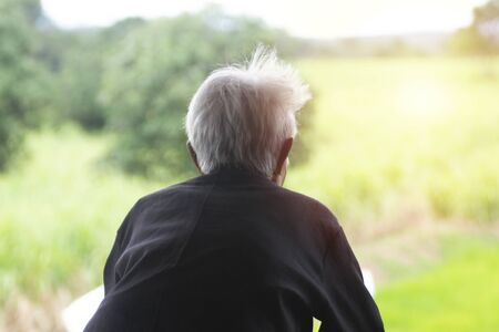 Grandma stands at the green fields.の写真素材