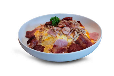 Omelette rice with Chinese sausage and sausage as ingredients on a white backgroundの写真素材