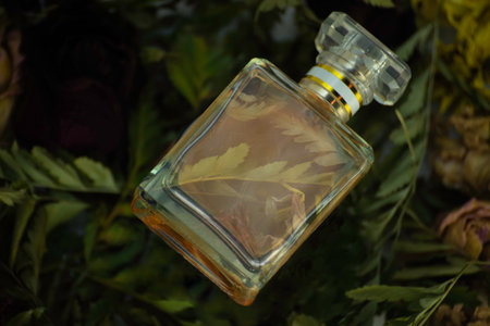 brown perfume in a clear square bottle On a background with dry leaves, green, yellow and redの写真素材