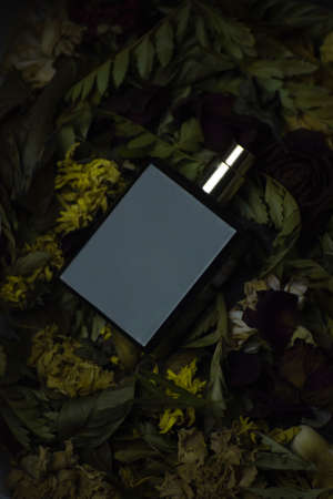 black perfume bottle square shape placed among the dried flowers, not brightly colored and looks...
