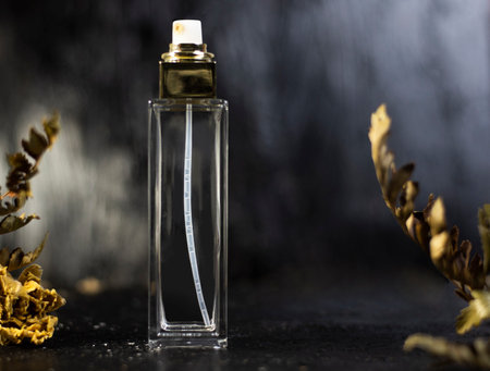 Square, transparent, tall perfume bottle on dark and blurry background. Beside the perfume bottle...