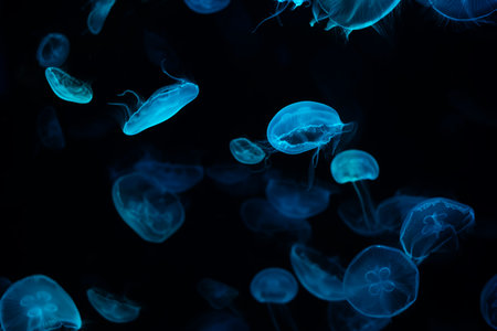 blue jellyfish light blue Amidst the dark sea Shines beautifully at nightの写真素材