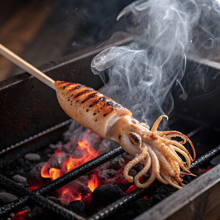 Squid on skewers grilled in a charcoal grill with fireの素材