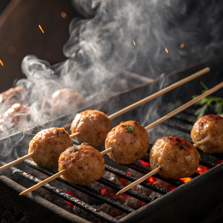 Barbecue pork on skewers, placed on a charcoal grill with smoke from a hot fire. In the middle of a warm kitchen, ready to serveの素材