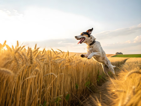 Brown and white dog playing in golden meadow happilyの素材
