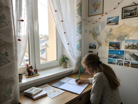Doll, a girl, is writing her dreams in a notebook. She dreams of traveling around the world. On the desk with a map next to the sea view windowの素材