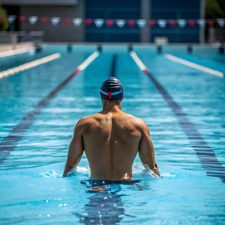 Male swimmer in the swimming pool. He practices one afternoonの素材