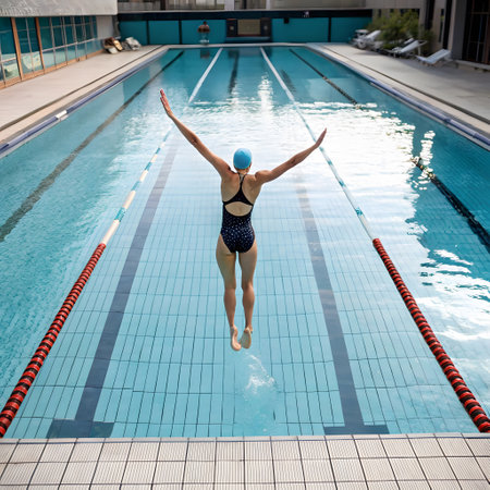 Male swimmer in the swimming pool. He practices one afternoonの素材