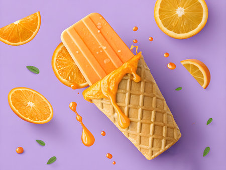 orange cone ice cream with oranges placed around the background is light purpleの素材