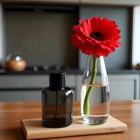 air freshener, stem, with red roses in a glass bottle At the back is the kitchenの素材