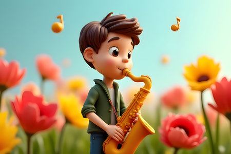 Young man playing a saxophone instrument happily Among the notes around him, in the meadow, there were beautiful flowersの素材