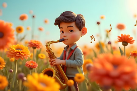 young man playing a saxophone instrument happily Among the notes around him, in the meadow, there were beautiful flowersの素材