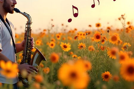 Young man playing a saxophone instrument happily Among the notes around him, in the meadow, there were beautiful flowersの素材