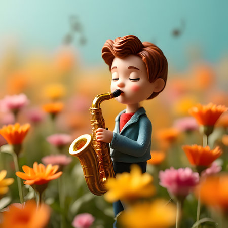 Young man playing a saxophone instrument happily Among the notes around him, in the meadow, there were beautiful flowersの素材
