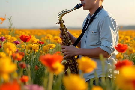 Young man playing a saxophone instrument happily Among the notes around him, in the meadow, there were beautiful flowersの素材