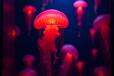 Red jellyfish There was a little glow of orange, swimming, beautiful to the dark seaの素材