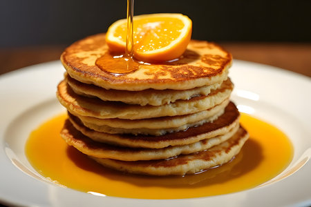 The Several pancakes stacked on top of each other, topped with syrup, served on a plateの素材