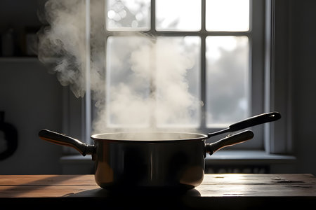 The Smoke from a boiling kettle, ready to cook in the kitchenの素材