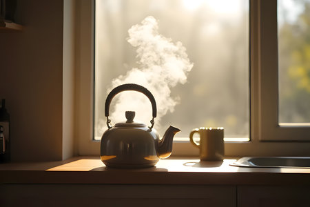 The Smoke from the kettle by the window in the kitchenの素材