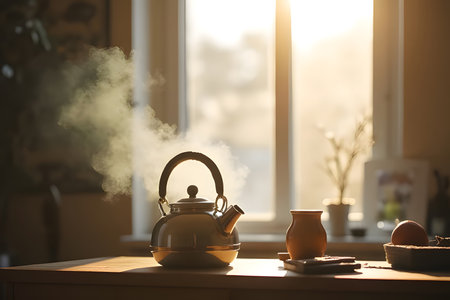 The Smoke from the kettle by the window in the kitchenの素材